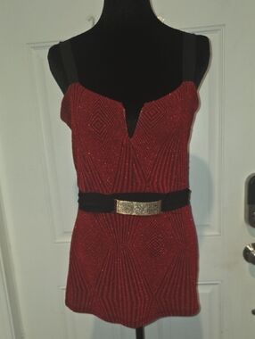 Red Glitter V-Neck Party Dress with Gold Belt